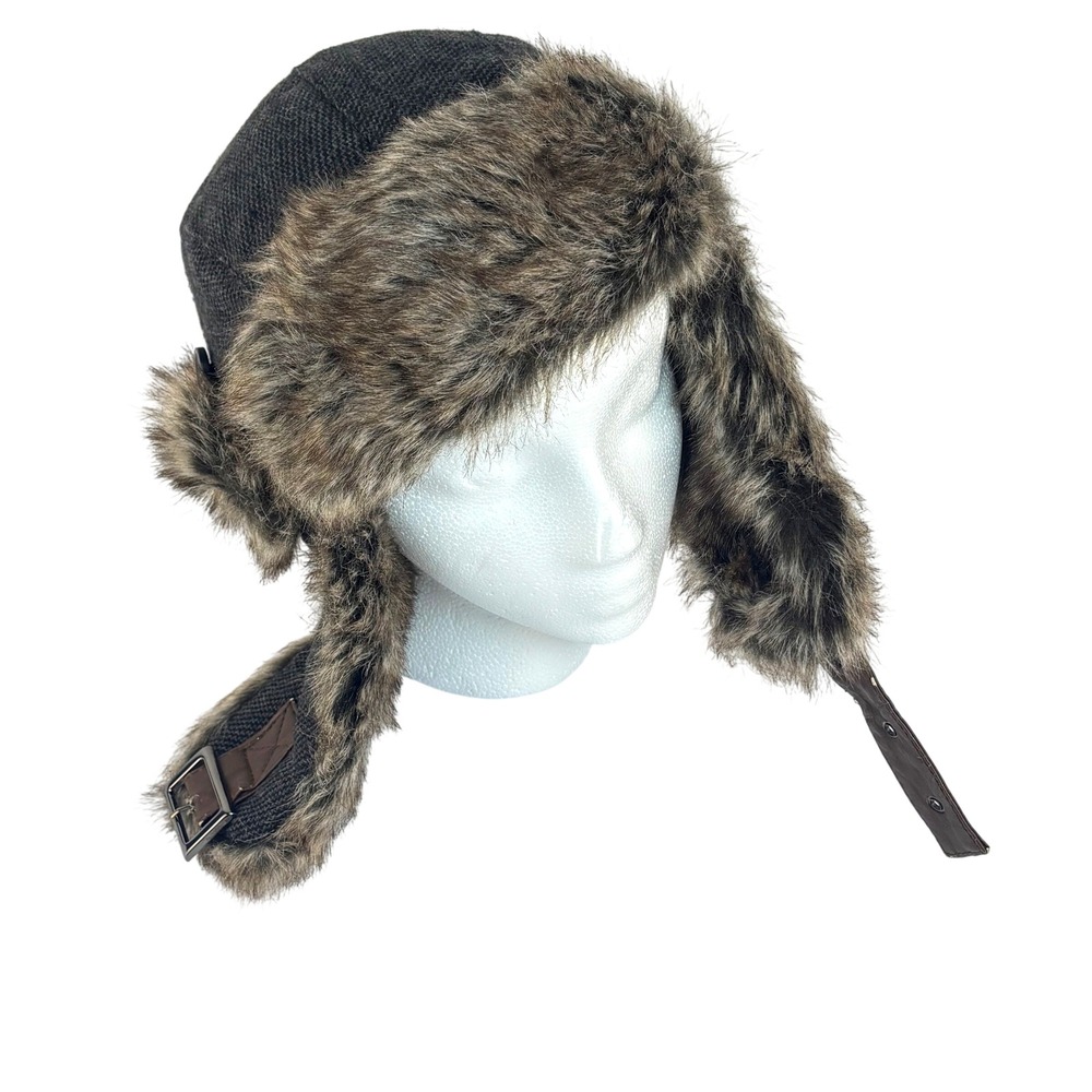 Faux Fur Trapper Hat Charcoal Gray Tweed Winter Aviator Unisex O/S